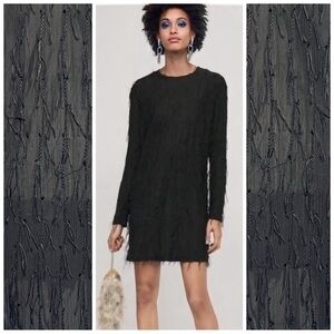 •ZARA•‎ Black Fringe Semi Sheer Long Sleeve Cocktail Party Mini Dress in Size S
